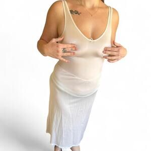 vintage white sheer midi slip dress women's size small medium